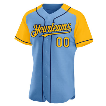 Custom Light Blue Gold-Navy Authentic Raglan Sleeves Baseball Jersey