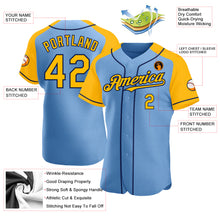 Load image into Gallery viewer, Custom Light Blue Gold-Navy Authentic Raglan Sleeves Baseball Jersey
