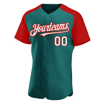 Custom Teal White-Red Authentic Raglan Sleeves Baseball Jersey