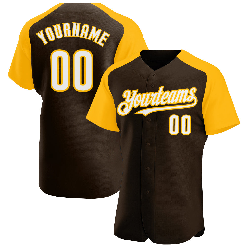 Custom Brown White-Gold Authentic Raglan Sleeves Baseball Jersey