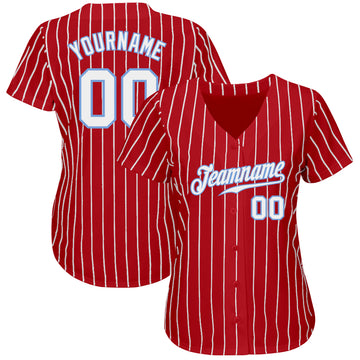 Custom Red White Pinstripe White-Light Blue Authentic Baseball Jersey