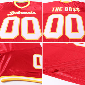Custom Red White-Gold Mesh Authentic Throwback Football Jersey