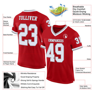 Custom Red White-Gray Mesh Authentic Throwback Football Jersey