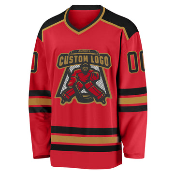 Custom Red Black-Old Gold Hockey Jersey