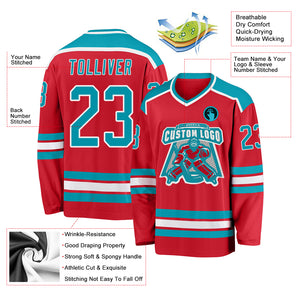 Custom Red Teal-White Hockey Jersey