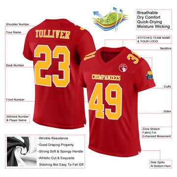 Custom Red Gold-White Mesh Authentic Football Jersey