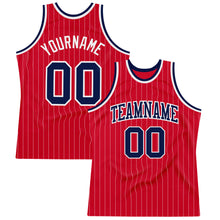 Load image into Gallery viewer, Custom Red White Pinstripe Navy-White Authentic Basketball Jersey
