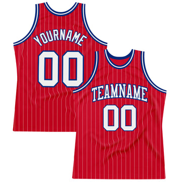 Custom Red White Pinstripe White-Royal Authentic Basketball Jersey