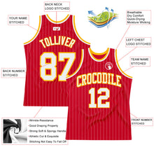 Load image into Gallery viewer, Custom Red White Pinstripe White-Gold Authentic Basketball Jersey
