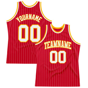 Custom Red White Pinstripe White-Gold Authentic Basketball Jersey