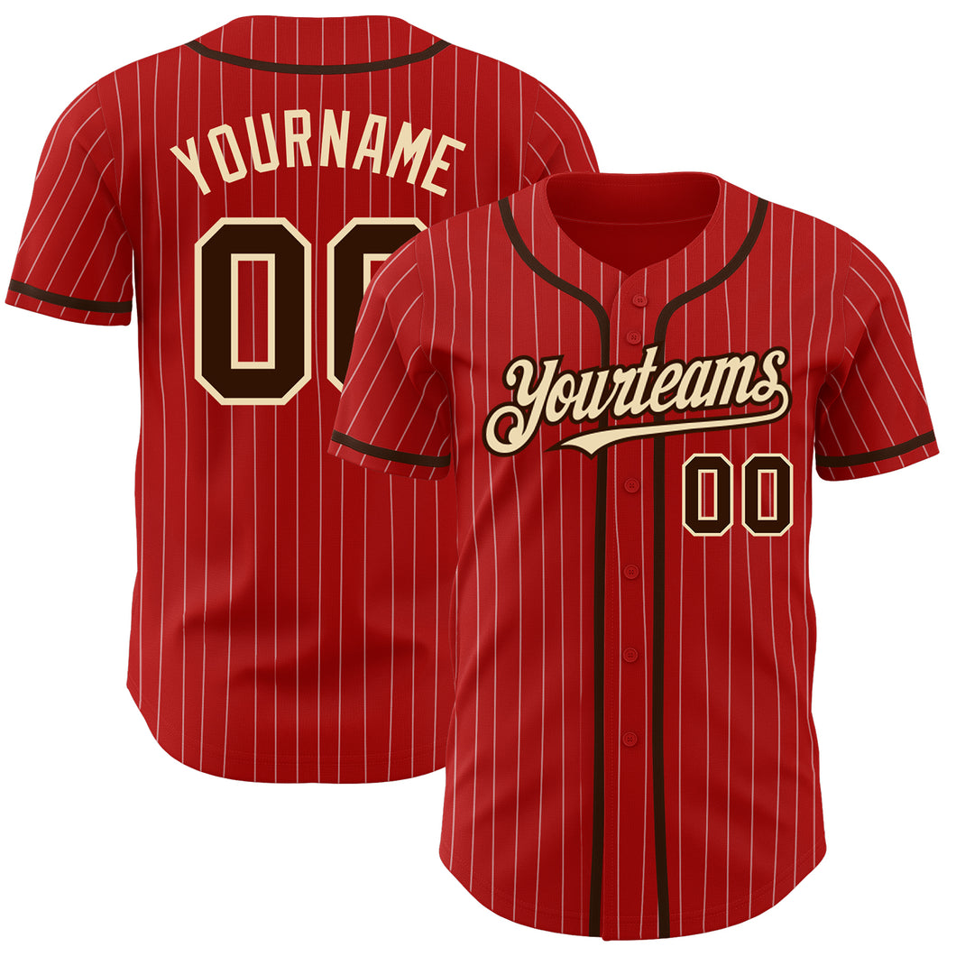 Custom Red White Pinstripe Brown-City Cream Authentic Baseball Jersey