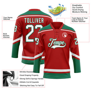 Custom Red White-Kelly Green Hockey Lace Neck Jersey