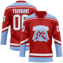 Load image into Gallery viewer, Custom Red White-Light Blue Hockey Lace Neck Jersey
