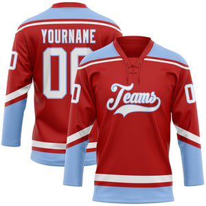 Custom Red White-Light Blue Hockey Lace Neck Jersey