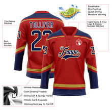Load image into Gallery viewer, Custom Red Navy-Old Gold Hockey Lace Neck Jersey
