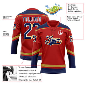 Custom Red Navy-Old Gold Hockey Lace Neck Jersey