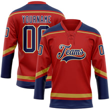 Load image into Gallery viewer, Custom Red Navy-Old Gold Hockey Lace Neck Jersey
