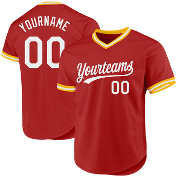 Custom Red White-Gold Authentic Throwback Baseball Jersey