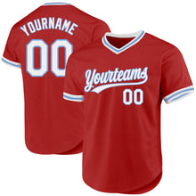 Load image into Gallery viewer, Custom Red White-Light Blue Authentic Throwback Baseball Jersey
