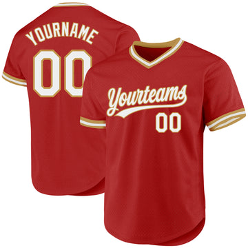 Custom Red White-Old Gold Authentic Throwback Baseball Jersey
