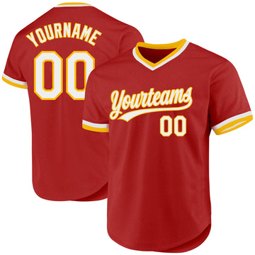Custom Red White-Gold Authentic Throwback Baseball Jersey
