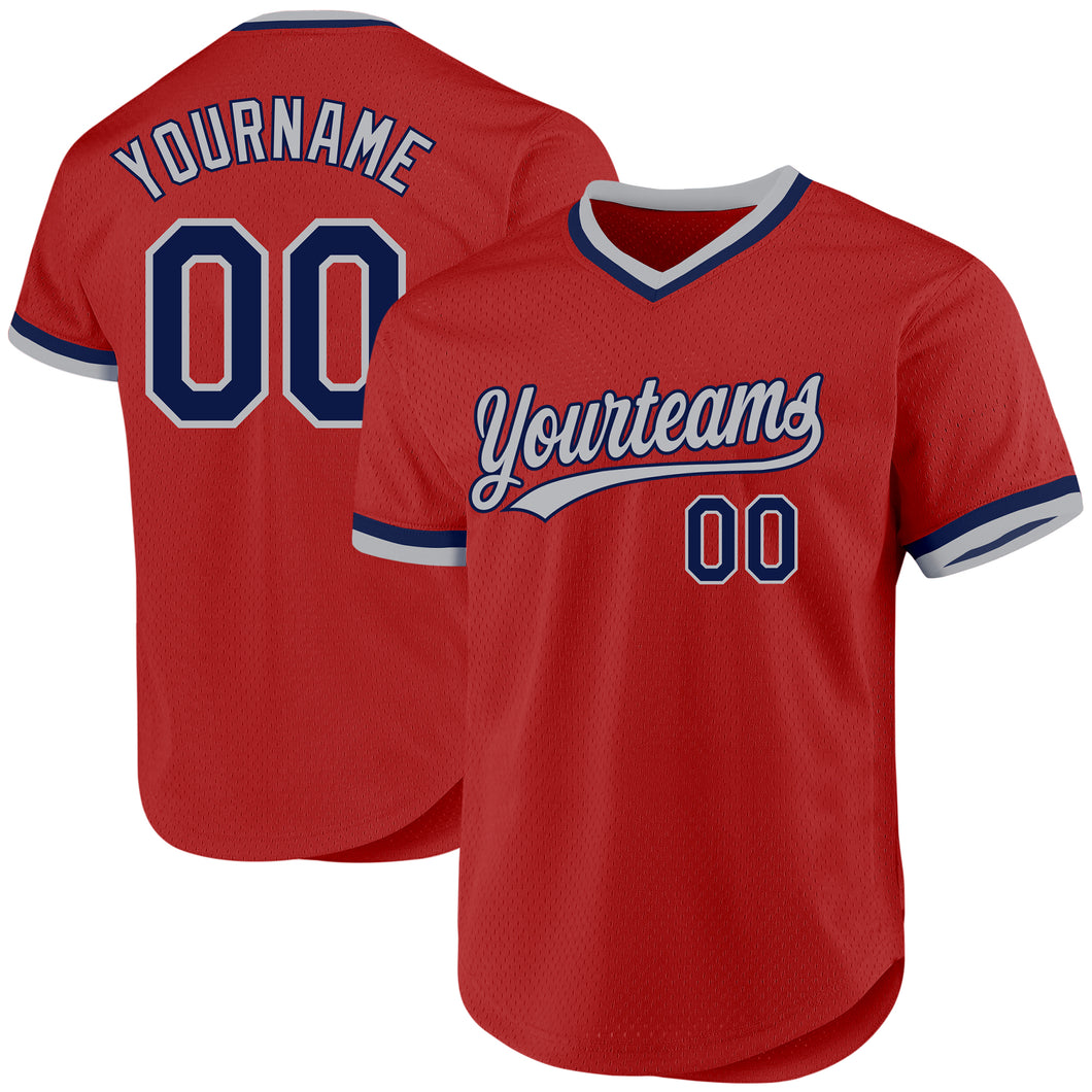 Custom Red Navy-Gray Authentic Throwback Baseball Jersey