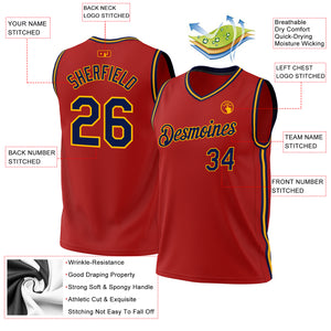 Custom Red Navy-Gold Authentic Throwback Basketball Jersey