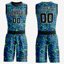 Load image into Gallery viewer, Custom Royal Black-Neon Green Music Festival Round Neck Sublimation Basketball Suit Jersey
