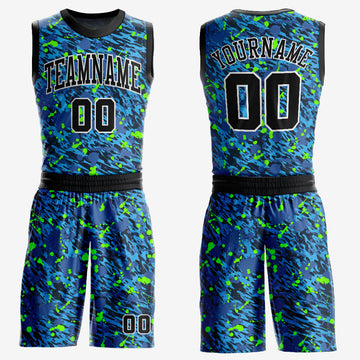 Custom Royal Black-Neon Green Music Festival Round Neck Sublimation Basketball Suit Jersey