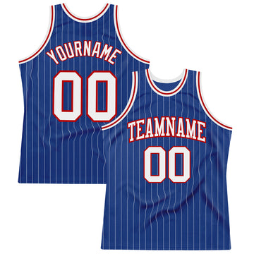 Custom Royal White Pinstripe White-Red Authentic Basketball Jersey
