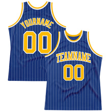 Load image into Gallery viewer, Custom Royal White Pinstripe Gold-White Authentic Basketball Jersey
