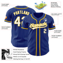 Load image into Gallery viewer, Custom Royal White Pinstripe Yellow Authentic Baseball Jersey
