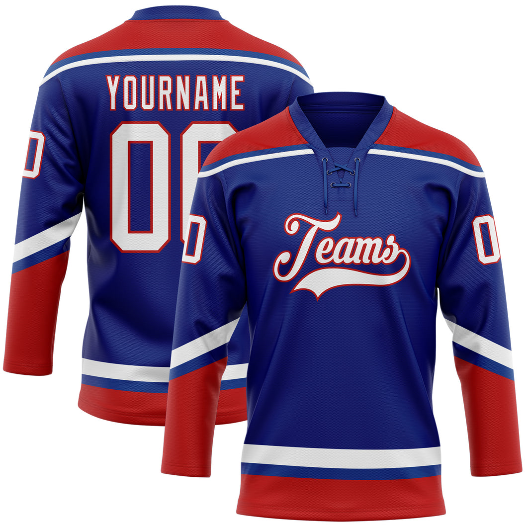 Custom Royal White-Red Hockey Lace Neck Jersey