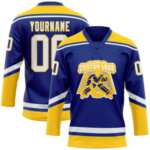 Custom Royal White-Yellow Hockey Lace Neck Jersey