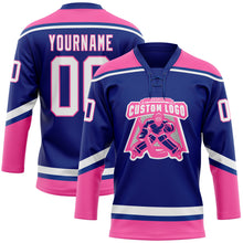 Load image into Gallery viewer, Custom Royal White-Pink Hockey Lace Neck Jersey
