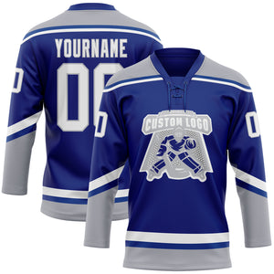 Custom Royal White-Gray Hockey Lace Neck Jersey