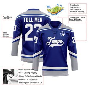 Custom Royal White-Gray Hockey Lace Neck Jersey