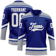 Load image into Gallery viewer, Custom Royal White-Gray Hockey Lace Neck Jersey
