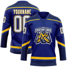 Load image into Gallery viewer, Custom Royal White Navy-Yellow Hockey Lace Neck Jersey
