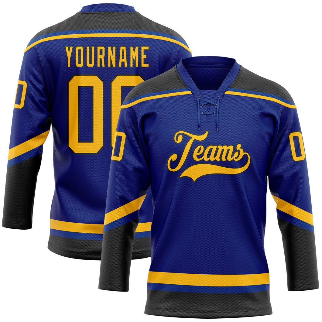 Custom Royal Gold-Black Hockey Lace Neck Jersey