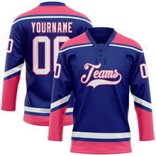 Load image into Gallery viewer, Custom Royal White-Neon Pink Hockey Lace Neck Jersey
