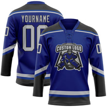 Load image into Gallery viewer, Custom Royal Gray-Black Hockey Lace Neck Jersey
