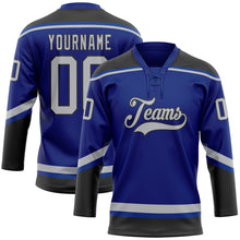 Load image into Gallery viewer, Custom Royal Gray-Black Hockey Lace Neck Jersey
