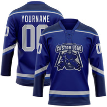 Load image into Gallery viewer, Custom Royal Gray-Navy Hockey Lace Neck Jersey

