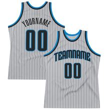 Load image into Gallery viewer, Custom Gray Black Pinstripe Black-Blue Authentic Throwback Basketball Jersey
