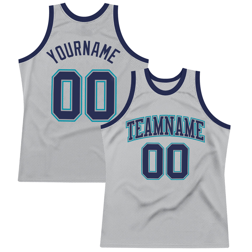 Custom Gray Navy-Teal Authentic Throwback Basketball Jersey