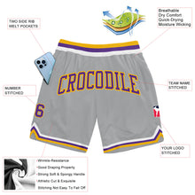Load image into Gallery viewer, Custom Gray Purple-Gold Authentic Throwback Basketball Shorts
