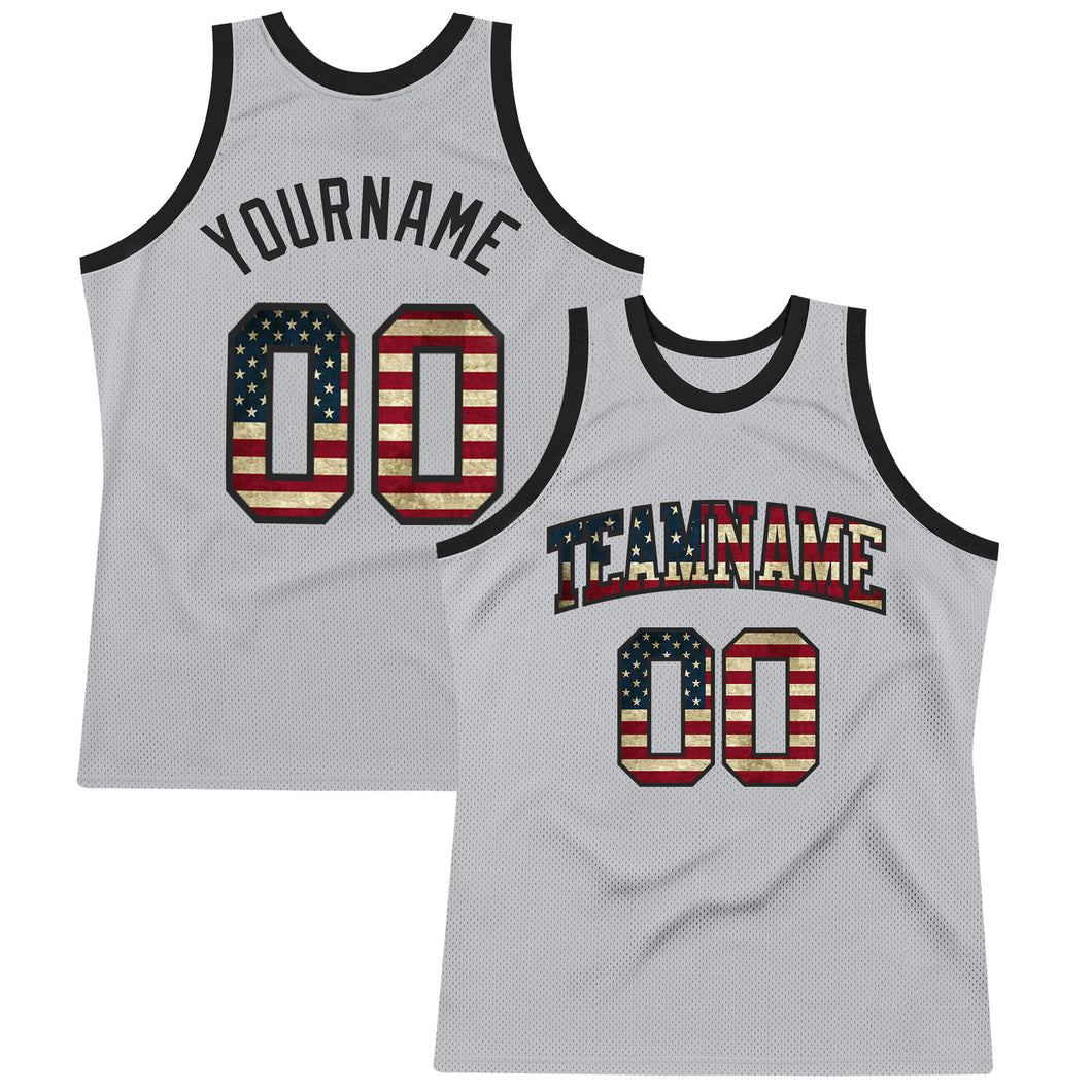 Custom Gray Vintage USA Flag-Black Authentic Throwback Basketball Jersey