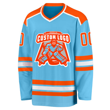 Custom Sky Blue Orange-White Hockey Jersey