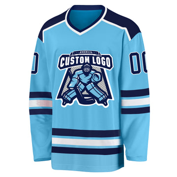 Custom Sky Blue Navy-White Hockey Jersey